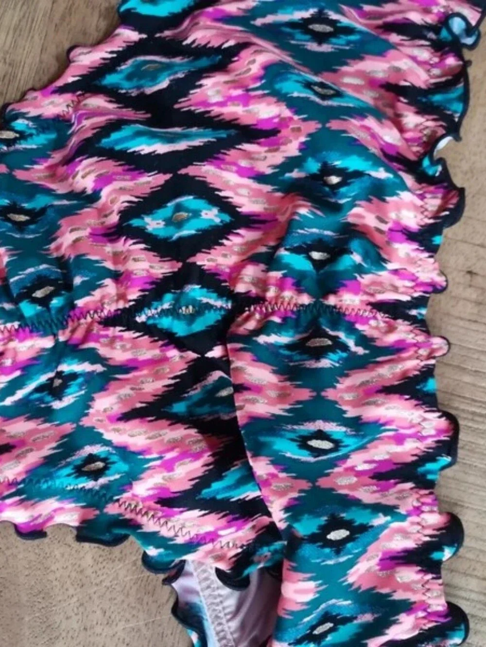Shade & Shore Teal and Pink Ikat Ruffle Bikini Set